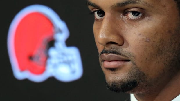 Cleveland Browns quarterback Deshaun Watson listens to questions asked by members of the local media during his introductory press conference at the Cleveland Browns Training Facility on Friday. Watsonpress 1